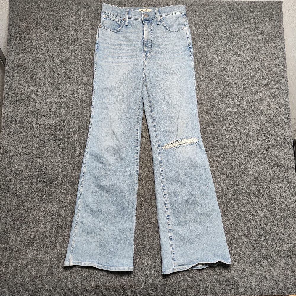 Madewell 11 High Rise Flare Jeans Womens 28 Light Wash Blue Distressed Denim
